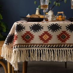 20Pcs Vintage Geometric Printed Tablecloth with Tassels 55x71 Inch
