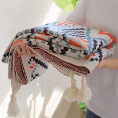 2Pcs Knitted Boho Throw Blankets with Tassels Blue&Orange 50x60 Inch